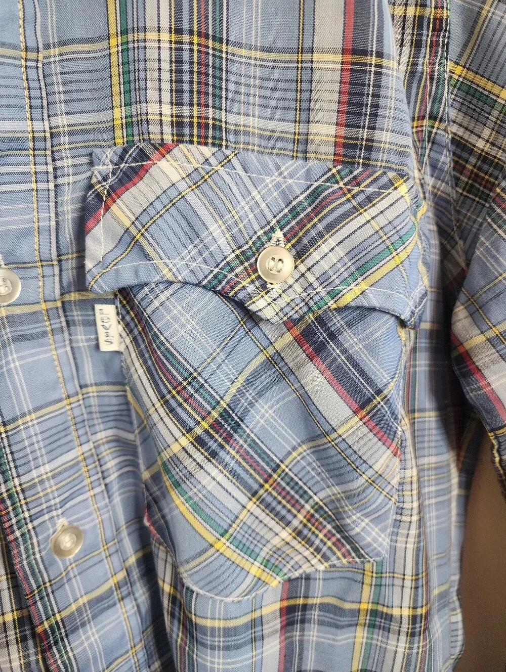 Vintage 70s Levi’s White Tab Big E Plaid Western Shirt Small Blue Red Pearl Snap